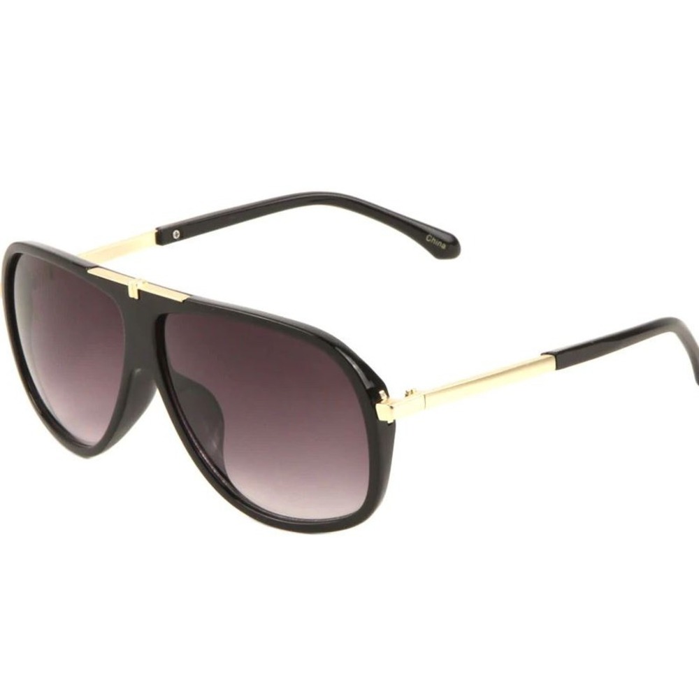 Sunglasses Mens Fashion Shades Black Gold Tone Bar Black Lens Street Wear Trendy